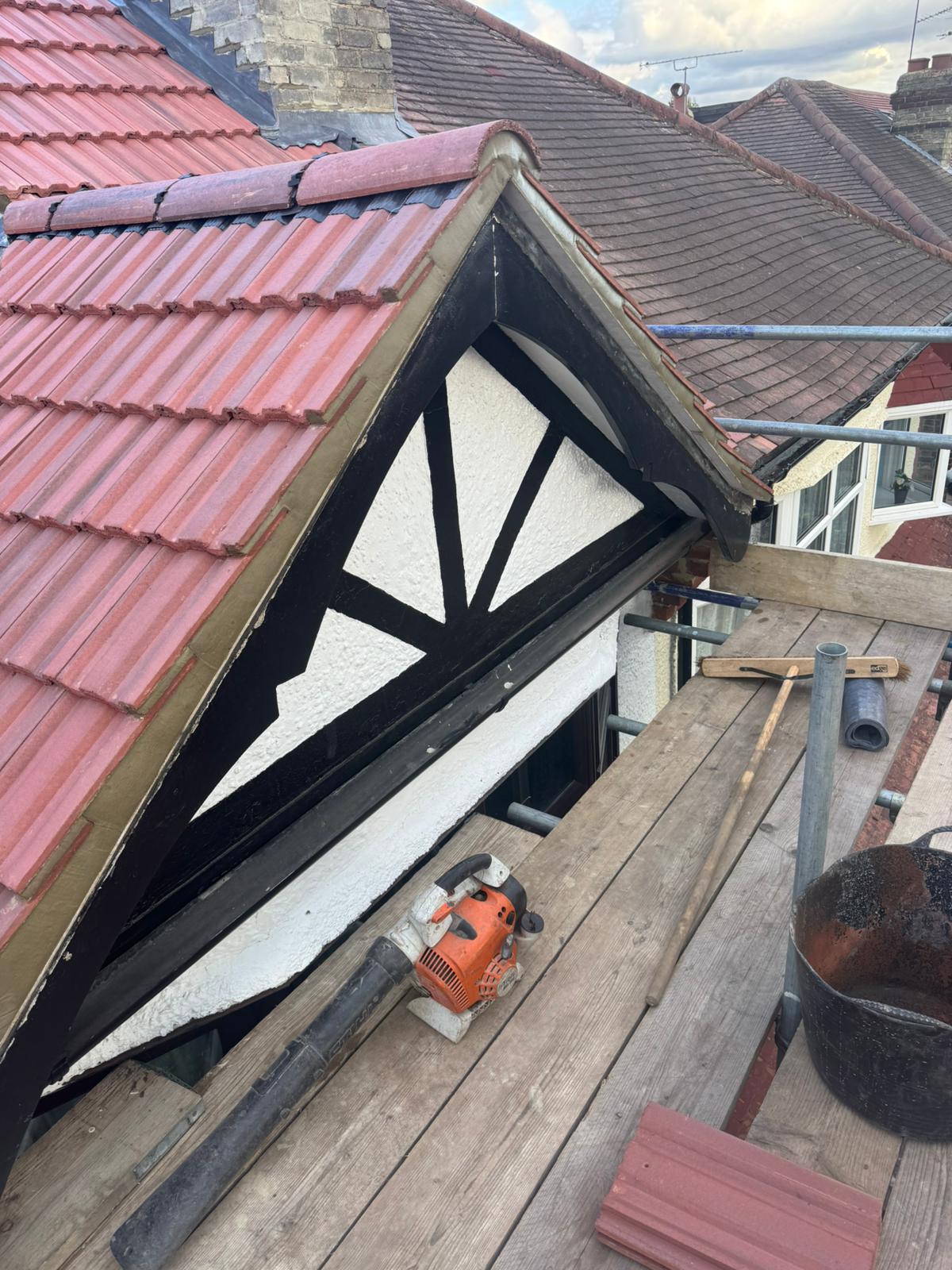 Roof gable and roofline details during exterior refurbishment